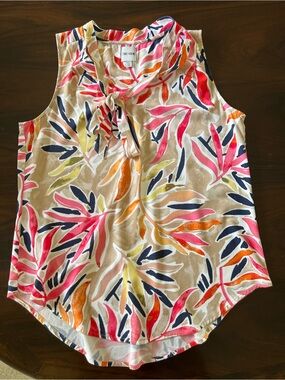 Nic & Zoe Multicolor Leaf-Print Tie-Neck Sleeveless Blouse